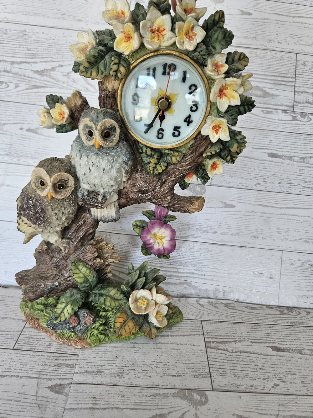 Vintage Resincraft Owl Table Clock - Hand-Painted Double Owls & Flowers Decor